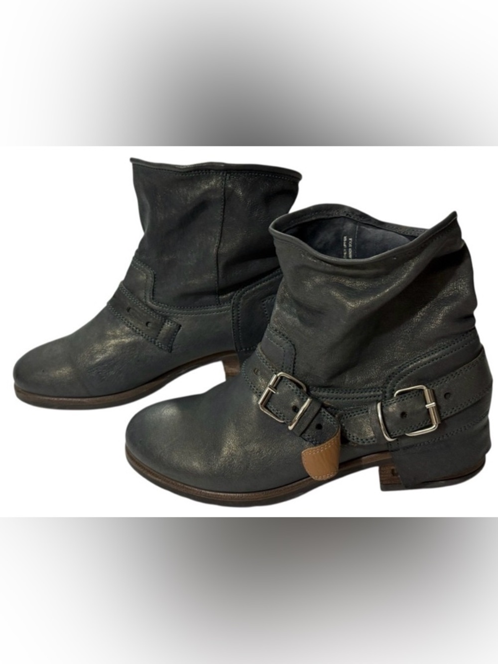 UGG Collection Aria Italy Dusty Blue Leather Harness Moto Ankle Boots Women’s 9